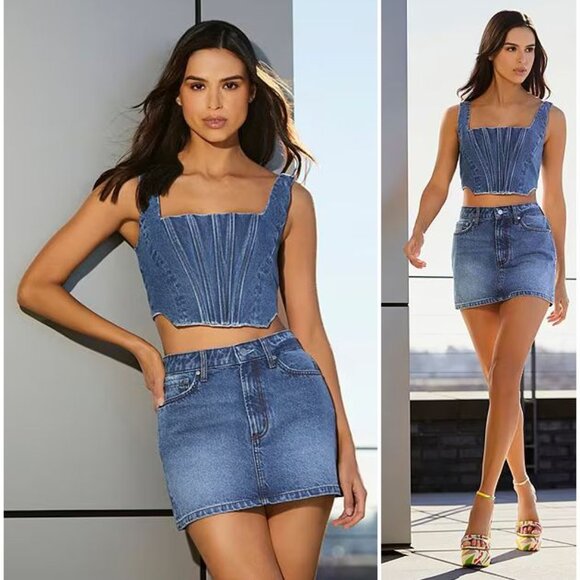 Gianni Bini Michelle Corset Crop Top Size 10 Blue Denim Jean Square Neck NEW - Picture 1 of 6